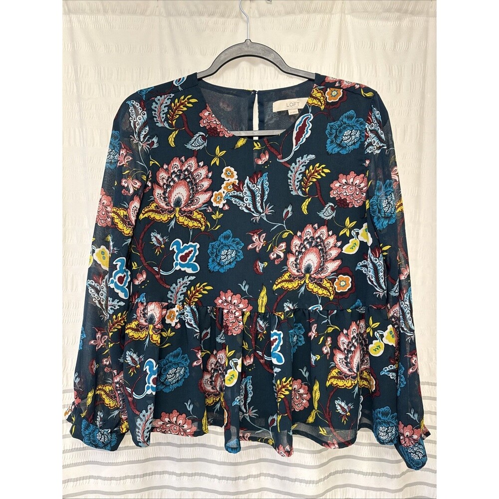 Loft Teal‎ Floral Peplum Blouse Long Sleeve Chiffon Top Petite Small SP